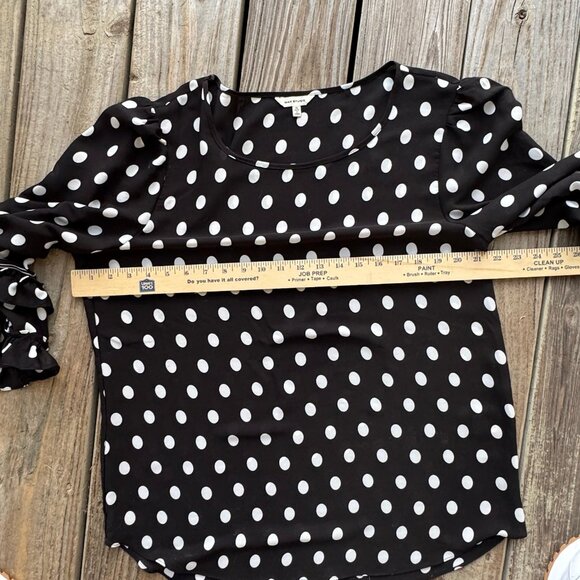 Max Studio Black Blouse White Polka Dots Ruffle 3/4 Sleeves Women Size XL Sheer - Picture 10 of 12